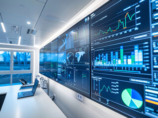 The heart of a sustainable citys energy management: a control room with monitors tracking the efficiency and output of wind-powered electricity Modern, responsible, cinematic