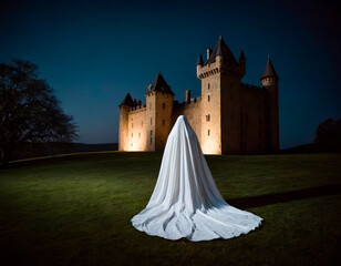 The castle ghost in a white sheet wanders near the old 