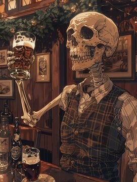 A charming, vintagestyle illustration of a skeleton wearing a tweed vest and a flat cap, cheerfully raising a beer in a cozy, woodpaneled Irish pub, with walls adorned with historic photos and green g