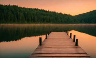 Naklejka premium A bridge-pier on the shore of a large calm lake against the backdrop of sunset.