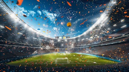 A frenzy of confetti and a dazzling fireworks show bring the stadium to life with excitement and joy. - obrazy, fototapety, plakaty