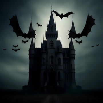 An image of a dark and mysterious castle with bats flying around it in an American Gothic style - generated by ai