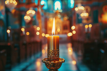Close view of a candle flame in an Orthodox church, serene and sacred light - obrazy, fototapety, plakaty