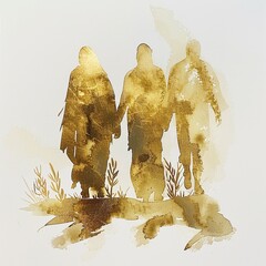 Road to Emmaus with Jesus gold watercolor journey of faith against a white background