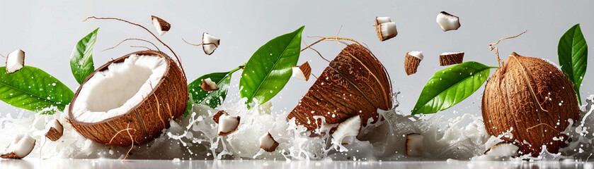 Coconut with leaves, bursting into pieces, fresh and dynamic on white background