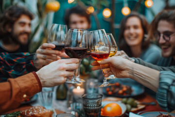 Merry first dinner party, group of friends toasting at bar table, wine glasses up, joyful