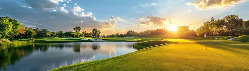 Fotobehang Peaceful golf course at sunset, ball close to water hazard, serene game moment © Atchariya63