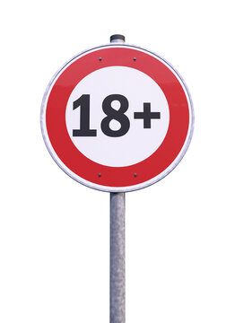 3d rendering of a traffic sign - 18 sign warning symbol isolated on white background.  18 plus - censored - eighteen age older adult content.