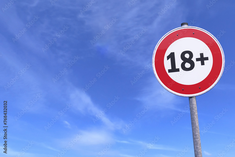 Poster 3d rendering of a traffic sign - 18 sign warning symbol - in the background a blue sky with clouds. 