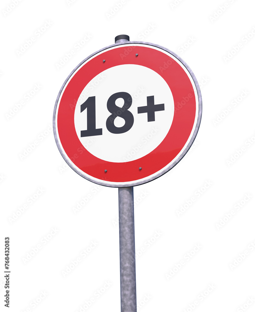 Poster 3d rendering of a traffic sign - 18 sign warning symbol isolated on white background. 18 plus - cens