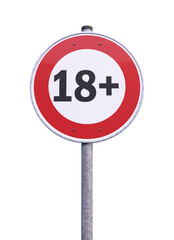 3d rendering of a traffic sign - 18 sign warning symbol isolated on white background.  18 plus - censored - eighteen age older adult content. - 768432014