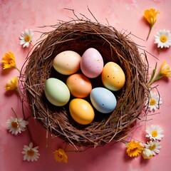 Top view of nest with Easter eggs and flowers, pastel colors