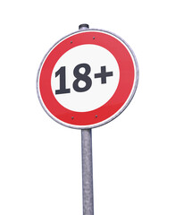 3d rendering of a traffic sign - 18 sign warning symbol isolated on white background.  18 plus - censored - eighteen age older adult content. - 768432083