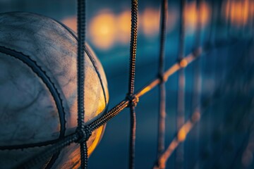 Volleyball cage closeup, balls seen through metal grid, subtle light, detailed texture, angled view...