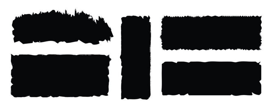 Rough edge rectangle shape collage. Paper torn, jagged edge rectangle frame set. Grunge, old vintage black border collage. Black ripped papers silhouettes with white artboard.