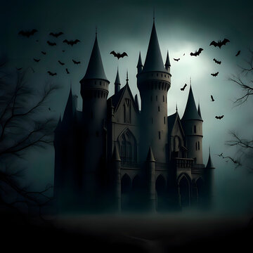An image of a dark and mysterious castle with bats flying around it in an American Gothic style - generated by ai