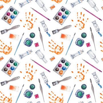 Seamless repeatable pattern with brushes, pencil, paint set, water spray bottle. Watercolor illustration isolated on transparent background. Art supplies design for art classes, creative workshops
