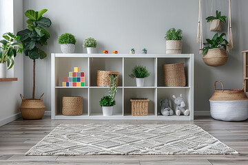 A white cube shelf in the center of an empty room with plants and toys on it, carpet on the floor, a grey wall behind it and  wooden flooring. Created with Ai