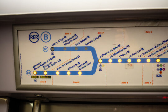 Paris, France, 8 November 2024 : RER B Train Map Display Inside Carriage.