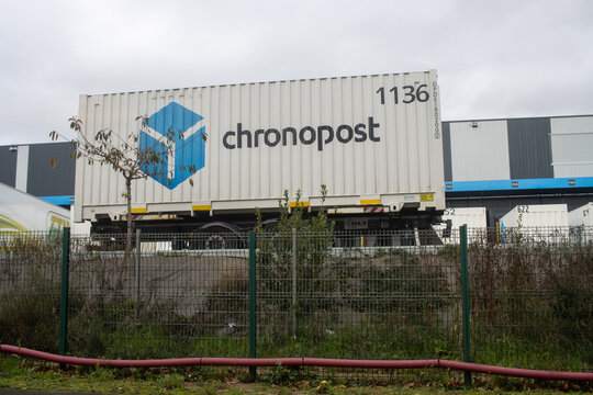 Paris, France, 8 November 2024 : Chronopost Container in Industrial Setting.