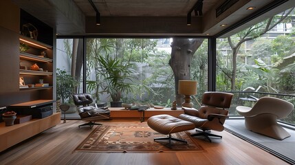 Fototapeta na wymiar Modern Living Room with Iconic Furniture and View of Lush Greenery