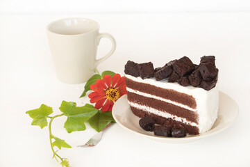 chocolate cake dessert snake delicious with hot coffee arrangement flat lay style on background...