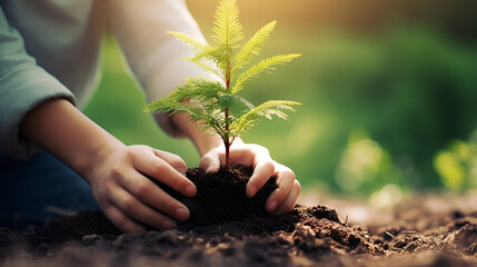 plant in hands,hand planting in garden. earth day concept