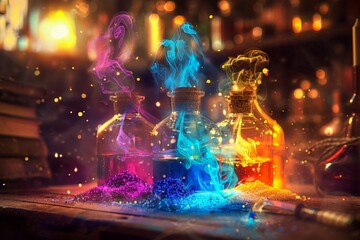 Sparkling magical potions, vibrant colors, witchcraft in action, closeup, glowing ambiance , digital photography