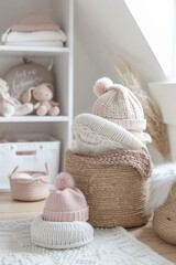 Beanies and berets in woven baskets, kid s room, soft focus, pastel palette, eyelevel, tidy storage, gentle light , ultra HD