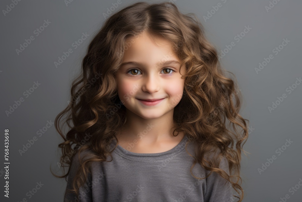 Wall mural Portrait of a cute little girl with long curly hair on grey background