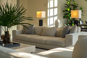 Minimalist family room with sofas lamps plants and tables creating a clean and elegant look. Concept Minimalist design, Family room, Sofas, Lamps, Plants, Tables, Clean and elegant