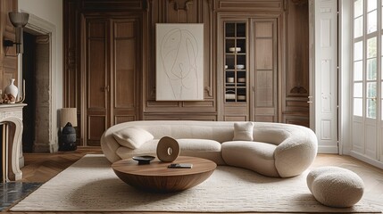Elegant Living Room with Modern Curved Sofa and Classic Wooden Paneling
