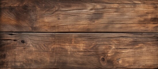 A close up of a rectangular brown hardwood table with a grainy texture and varnish. The wood stain...