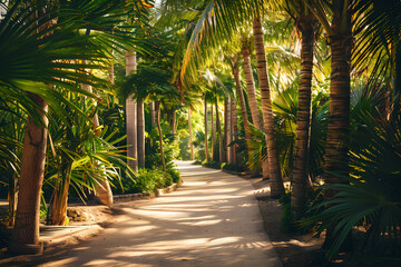 Obraz premium A pathway winding through a forest with towering tropical trees and hanging leaves.