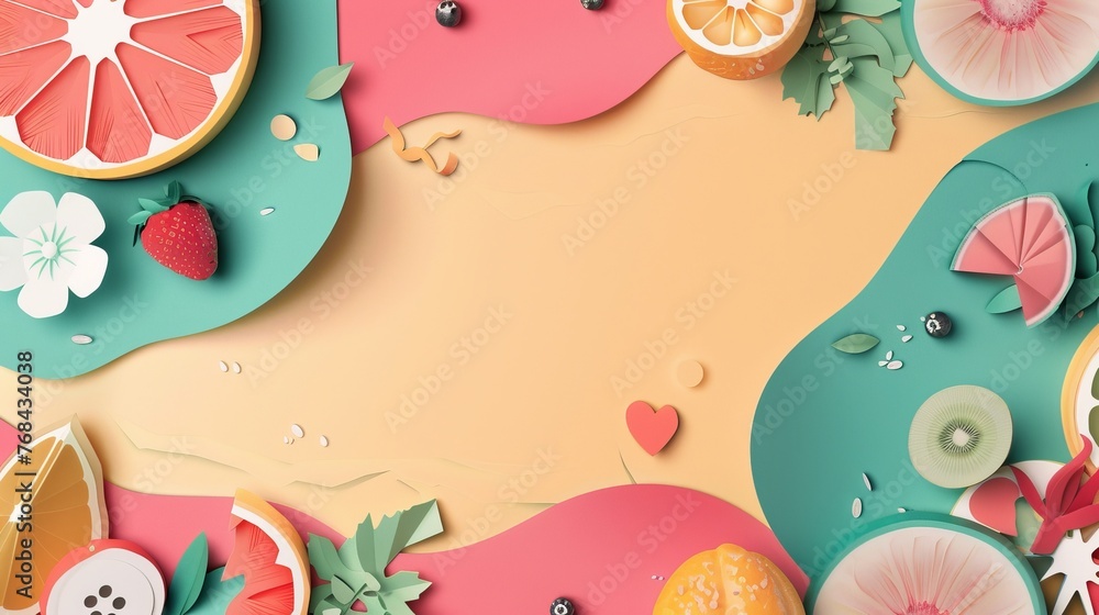 Sticker paper style, food and beverage background, fruits, cheese, vegetables, with an empty space for text and copy in the middle, 16:9 - Stickers
