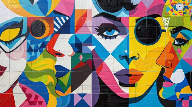 Vibrant bursts of color and geometric shapes make up this mosaicstyle mural representing an iconic pop art movement from the 1960s and paying homage to its influential figures.