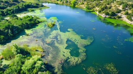 A birds eye view of a lake the normally deep blue waters now a vibrant green with large patches of algae visible from above.