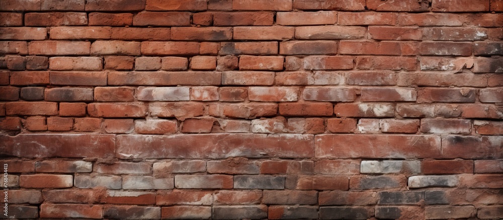 Poster detailed view of a aged brick wall containing a small window, showing the texture and structure of t