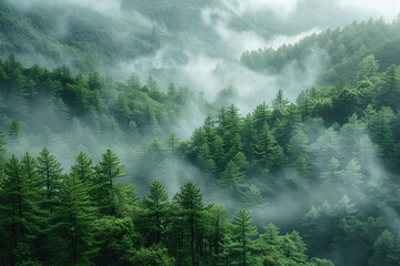 A delicate mist in the dense green forest of Japan, overlooking from above, creates an ethereal atmosphere. Created with Ai