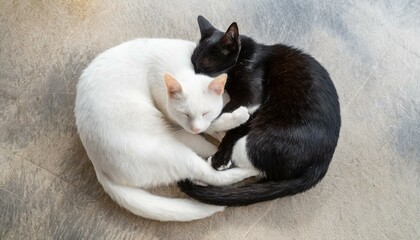 白猫と黒猫が仲良く丸まって寝ている