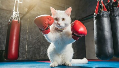 白猫のファイトポーズ ボクシング ジム - obrazy, fototapety, plakaty