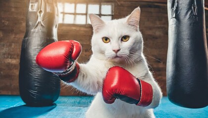 白猫のファイトポーズ ボクシング ジム - obrazy, fototapety, plakaty