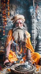 A hindu sage or rishi in traditional clothes, in a traditional temple