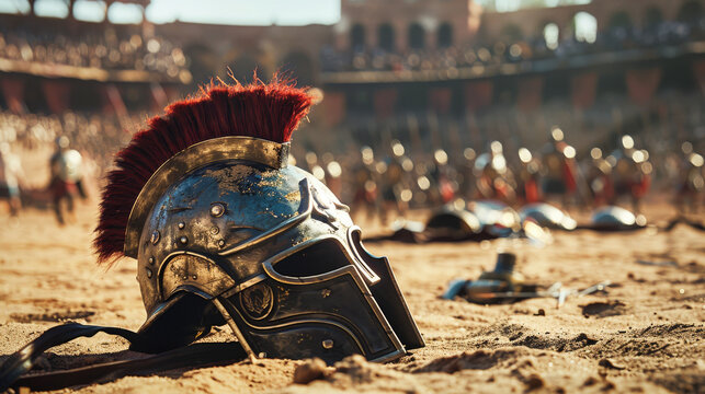 A gladiator helm in the sand of the arena