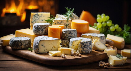 Pieces of delicious cheese on wooden table. Different types of cheeses close up on dark background. Banner