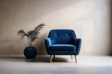 Dark blue velvet armchair is situated in a empty beige wall and beige floor. Minimalist living room interior design. 