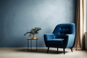 Dark blue velvet armchair is situated in a empty blue wall and beige floor. Minimalist living room design. 
