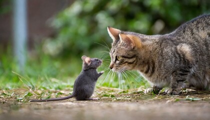 Obraz premium 猫とネズミが仲良くご対面