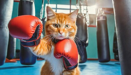 オレンジ猫のファイトポーズ ボクシング ジム - obrazy, fototapety, plakaty