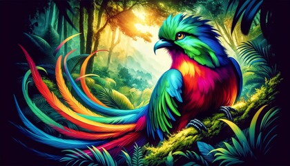 Obraz premium Vibrant Watercolor Painting of The Resplendent Quetzal Bird